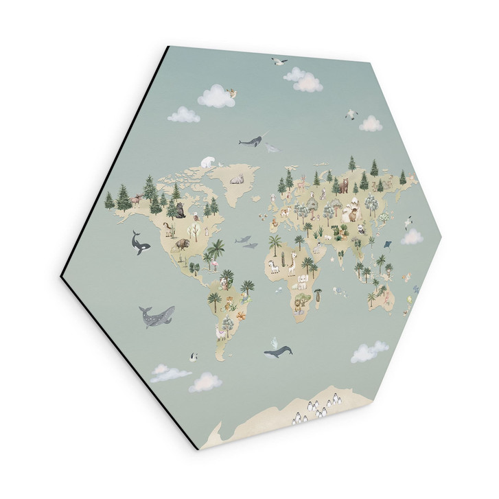 Hexagon Wandbild Weltkarte - Welt der Tiere - Oliver Robins - Alu-Dibond - WA512940