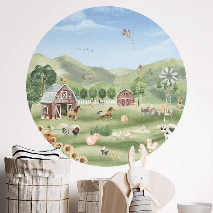 Kinderzimmer Wandtattoo - Oliver Robins - Bunter Bauernhof mit Tieren - Rund - WA412978