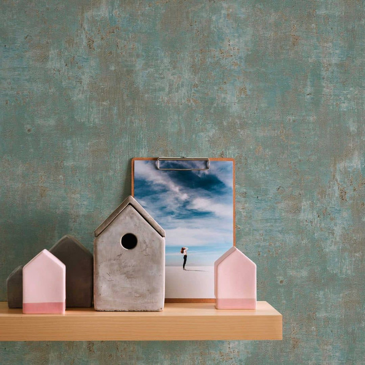 Vliestapete im Used-Look Blaugrau mit Goldakzenten für ein elegantes Ambiente - WA397215