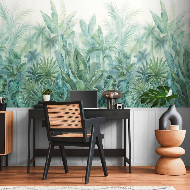Fototapete Aquarell-Tropen mit Holzpaneel Grün Weiss – Vliestapete erweiterbar - WA460894