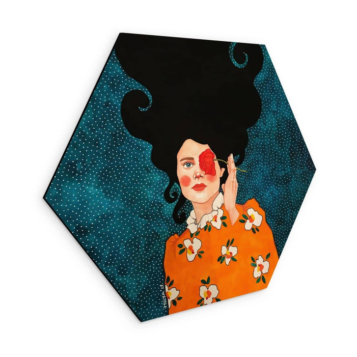 Hexagon Wandbild Geheimnisvolle Frau mit Rose - Hülya - Alu-Dibond - WA486628