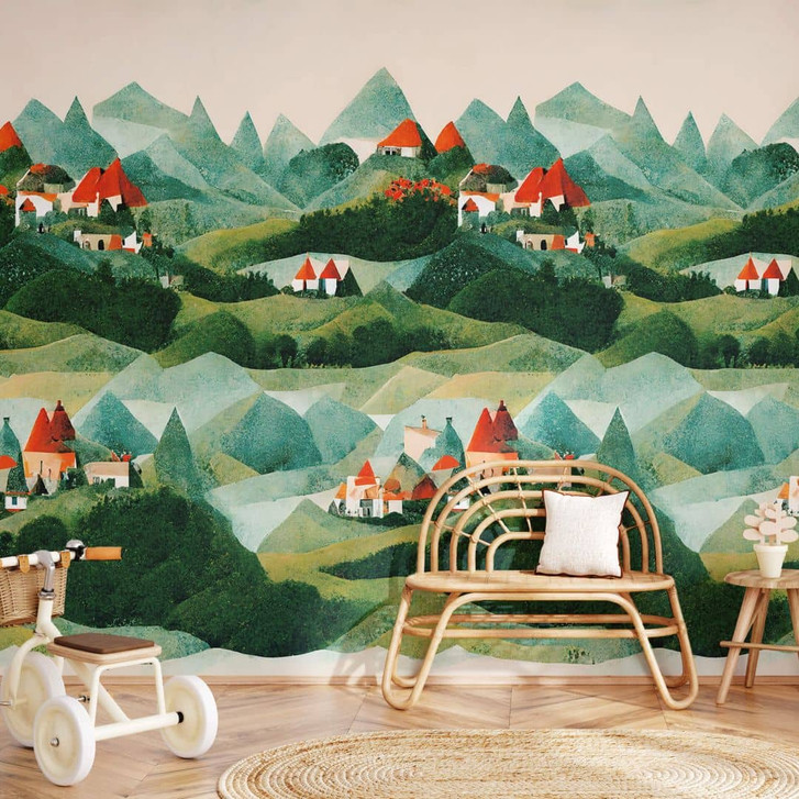 Kinderzimmer Fototapete Treechild - Kleines Dorf inmitten grüner Hügel - WA398694