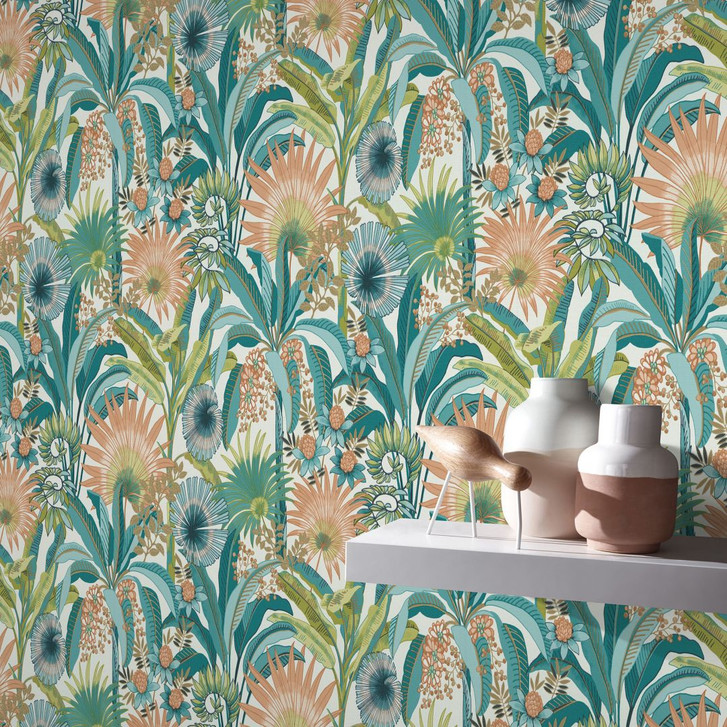 Blumentapete, Florale Tapete, Vliestapete Erismann Martinique türkis - WA397728