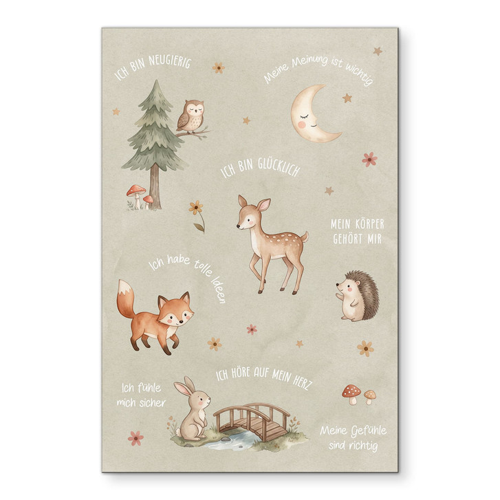 Alu-Dibond Wandbild - Affirmationen Wald mit Eule, Fuchs & Co. für Kinder - WA514453