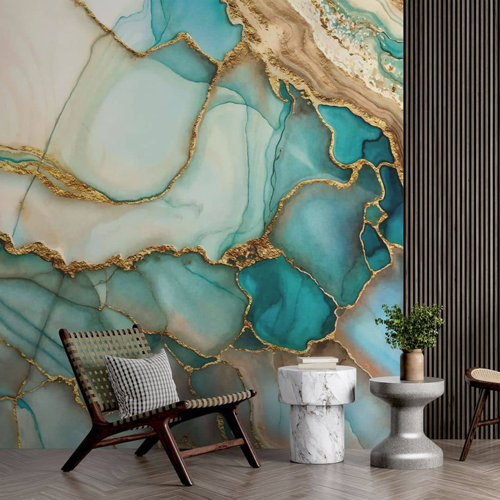 Fototapete Marmorierte Wellen in Türkis und Gold | Abstrakte Tapete - 288 x 260 cmHaase - RS103049