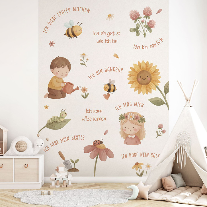 Fototapete mit Affirmationssprüchen zwischen Blumen für das Kinderzimmer - WA513872