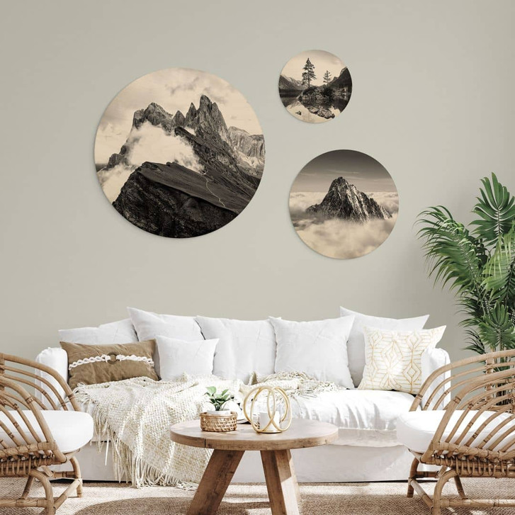 Holzbilder-Set Berggipfel in den Wolken - Schwarz-weiss (3-teilig) - Rund - WA432438