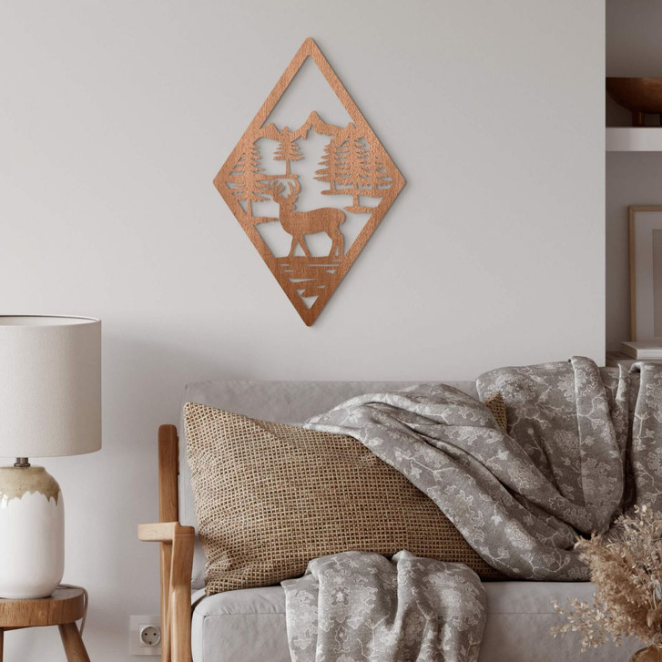 Holzdeko Hirsch im Wald in Rautenform - Mahagoni - WA401964