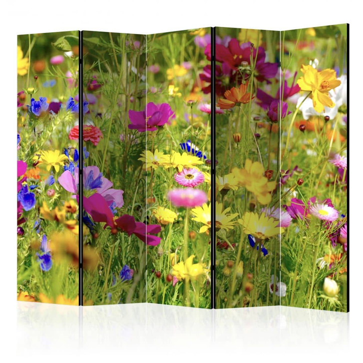 Paravent, Raumteiler freistehend, Trennwand - Sommerblumen, 5-teilig - 225 x 172 cm - WA453797