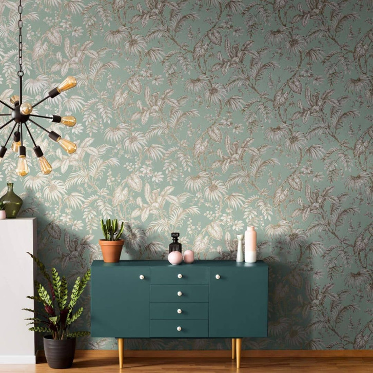 Vliestapete mit Pflanzen im Dschungel-Style grün, gold Floral - WA508684