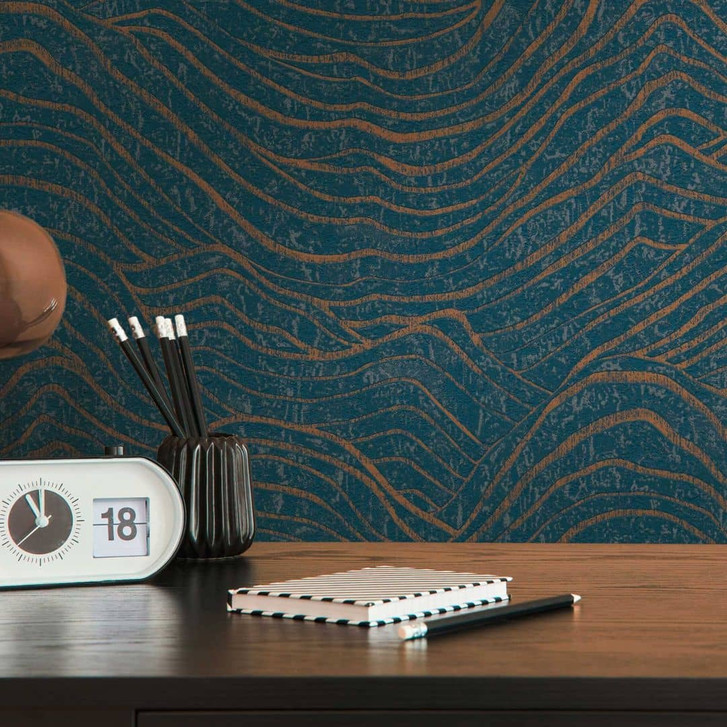 3D-Tapete mit Wellenmuster Blau Gold - Vliestapete Metallic-Effekt - Mustertapete abstrakt - WA396868