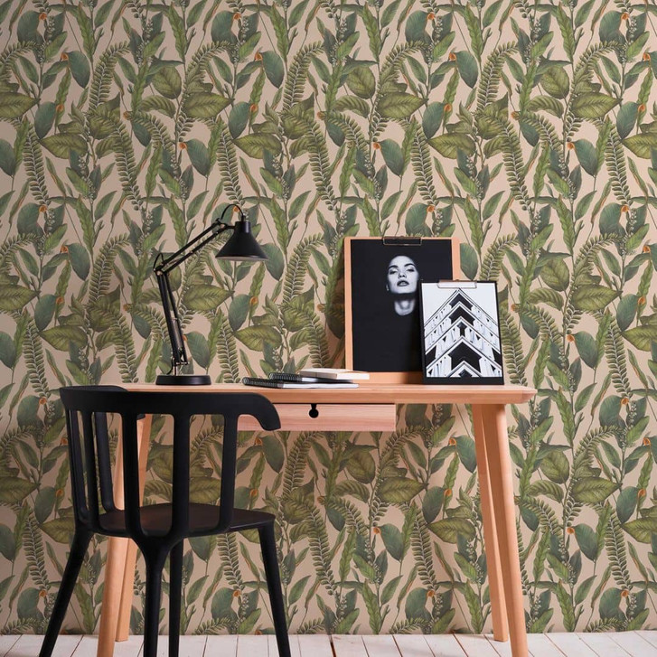 Dschungel-Tapete Creme Grün - Vliestapete floral mit Blättern und Blüten - WA396741