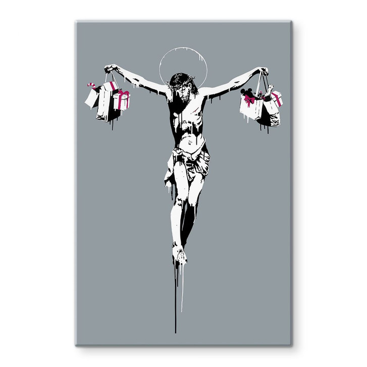 Glasbild Banksy - Jesus Christus mit Einkaufstüten - WA459487