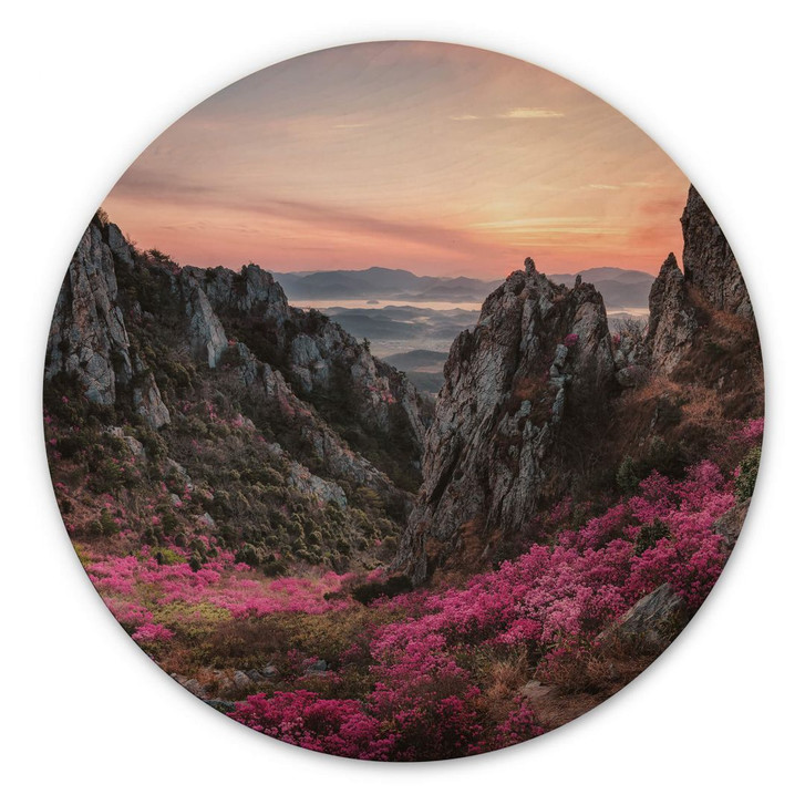 Holzbild Seo - Felsige Landschaft im Sonnenuntergang - Rund - WA355485