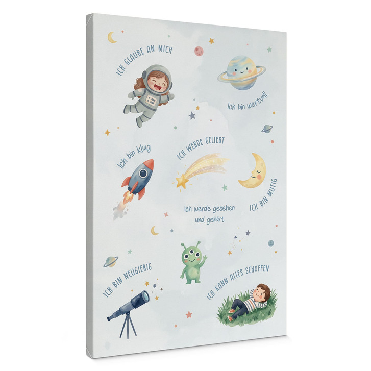 Leinwandbild - Affirmationen Weltraum mit Astronautin und Alien - WA518154