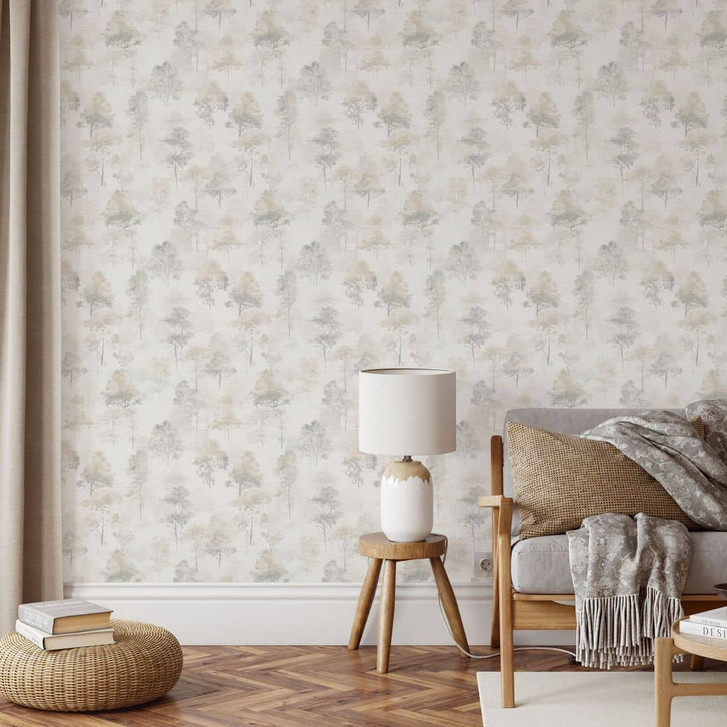 Vlies Tapete Aquarell Wald in Grau Beige mit Bäumen als dezente Naturtapete - WA509660