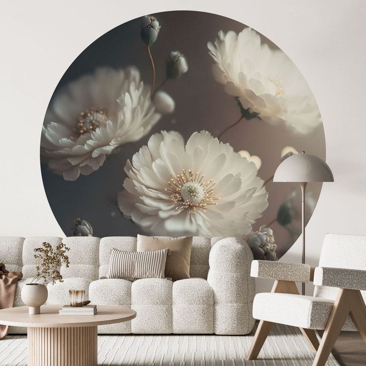 Fototapete Weisse Blumen mit Goldstaub - Treechild - Rund - Selbstklebend/Vlies - WA494716