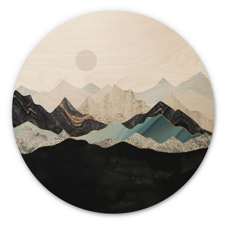 Holzbild Ruhige Berglandschaft in der Dämmerung - SpaceFrog Designs - Rund - WA425342