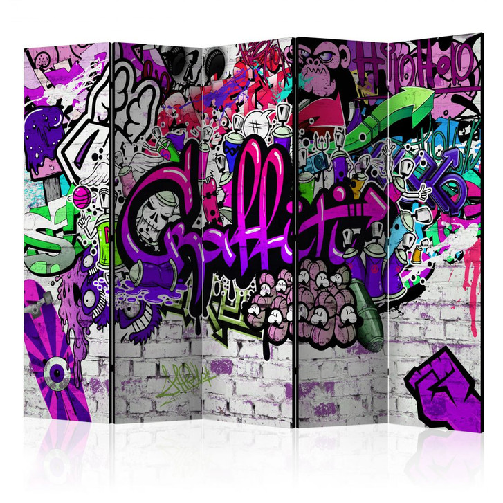 Paravent, Raumteiler freistehend, Trennwand - Lila Graffiti, 5-teilig - 225 x 172 cm - WA454638