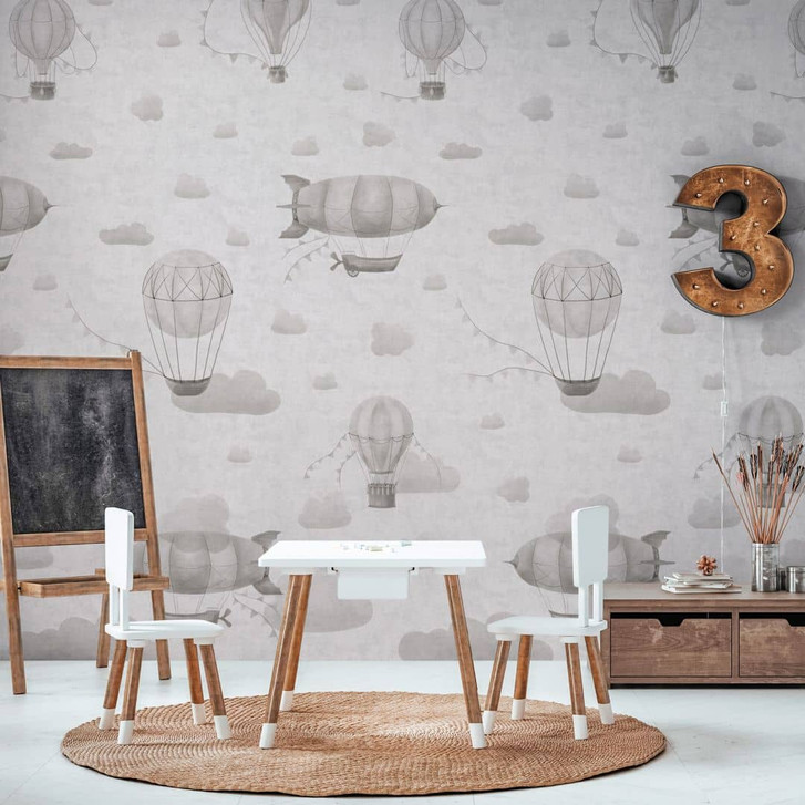 Fototapete Heissluftballons Grau Weiss - Vliestapete erweiterbar fürs Kinderzimmer - WA460906