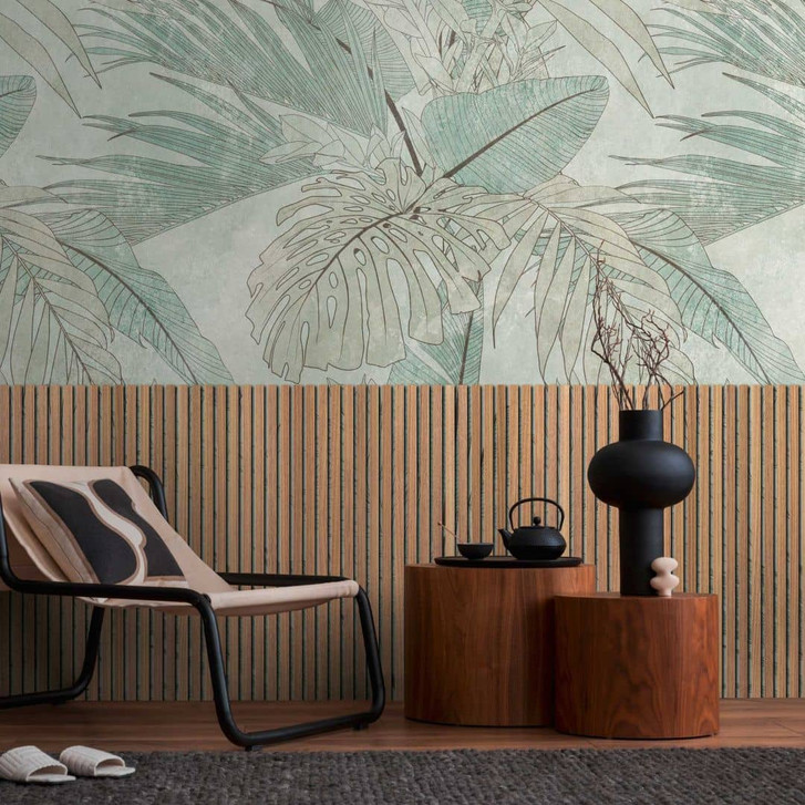 Fototapete Tropisches Blättermuster mit Holzpaneelen Vliestapete Naturdesign Tapete - WA418362