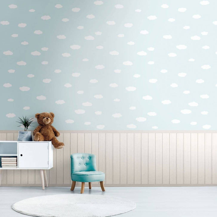 Fototapete Wolken Hellblau Weiss mit Holzpaneel – Vliestapete für Kinderzimmer erweiterbar - WA460900