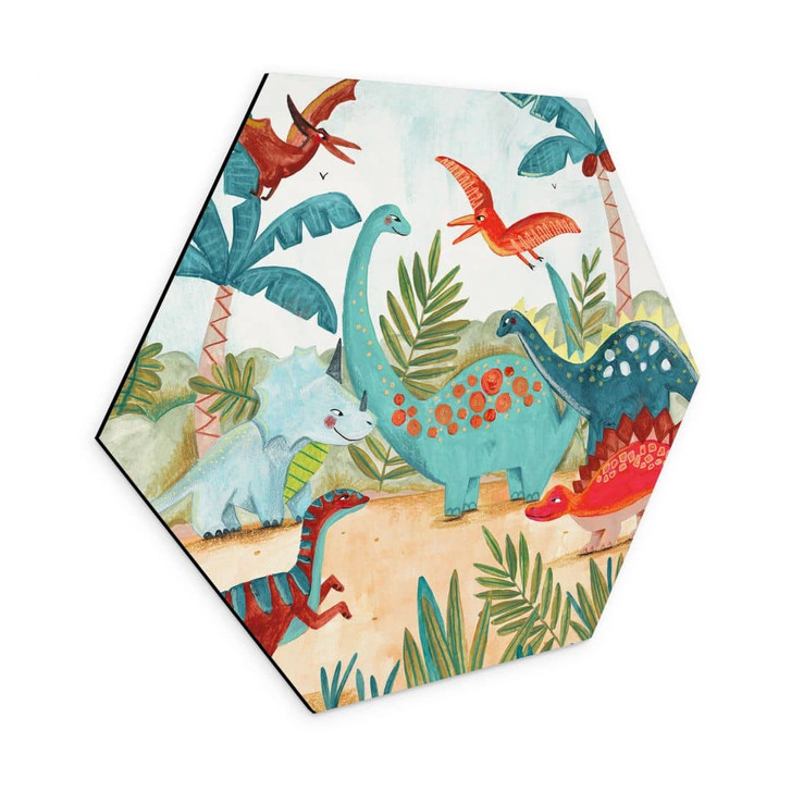 Hexagon Wandbild Farbenfrohe Dinosaurier im Urzeitwald - Bonne Müller - Alu-Dibond - WA431362