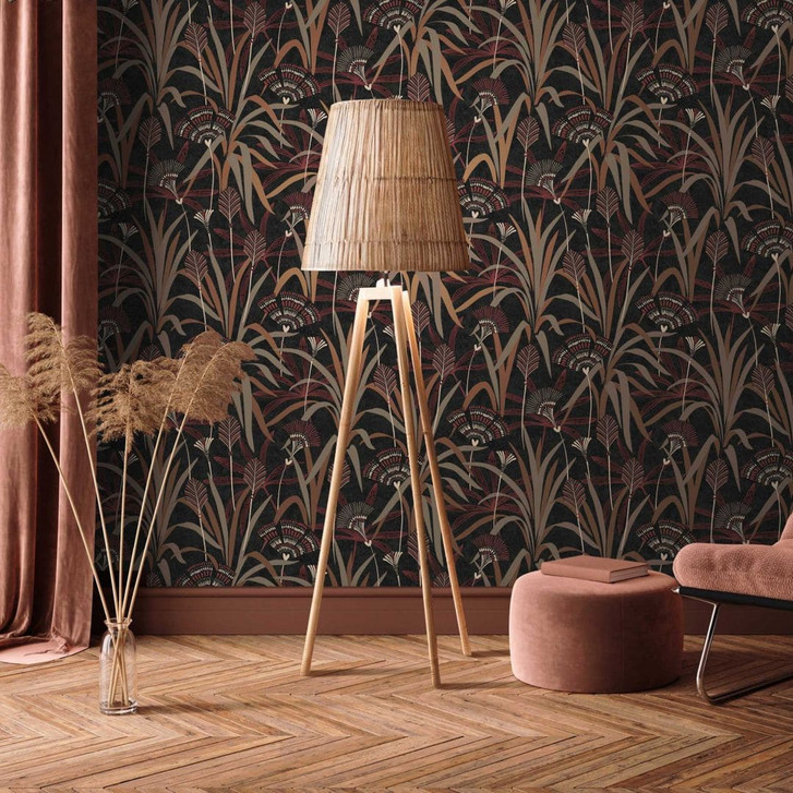 Pflanzen-Tapete in Schwarz Rot Braun – Vliestapete mit exotischem Blättermuster - WA456598