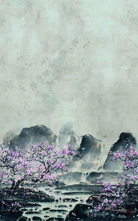 Fototapete Wandtapete mit Motiv Aquarell Berge mit Kirschblüten in Grau Rosa 3.4 x 2.12 m - WA505334