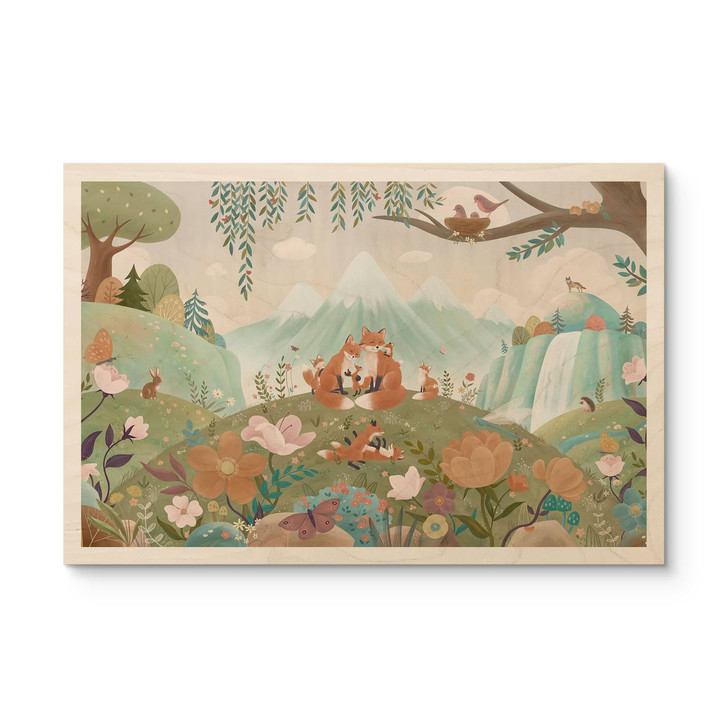 Holzbild Fuchs Familie auf der Blumenwiese - Oliver Robins - WA513018