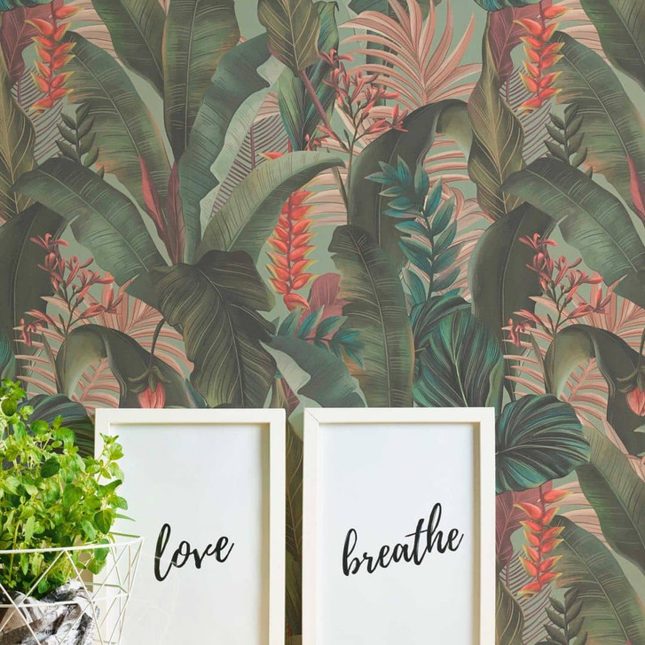 Tapete mit Palmenblättern Hellgrün Rot - Florale Vliestapete Dschungel-Motiv - WA423383