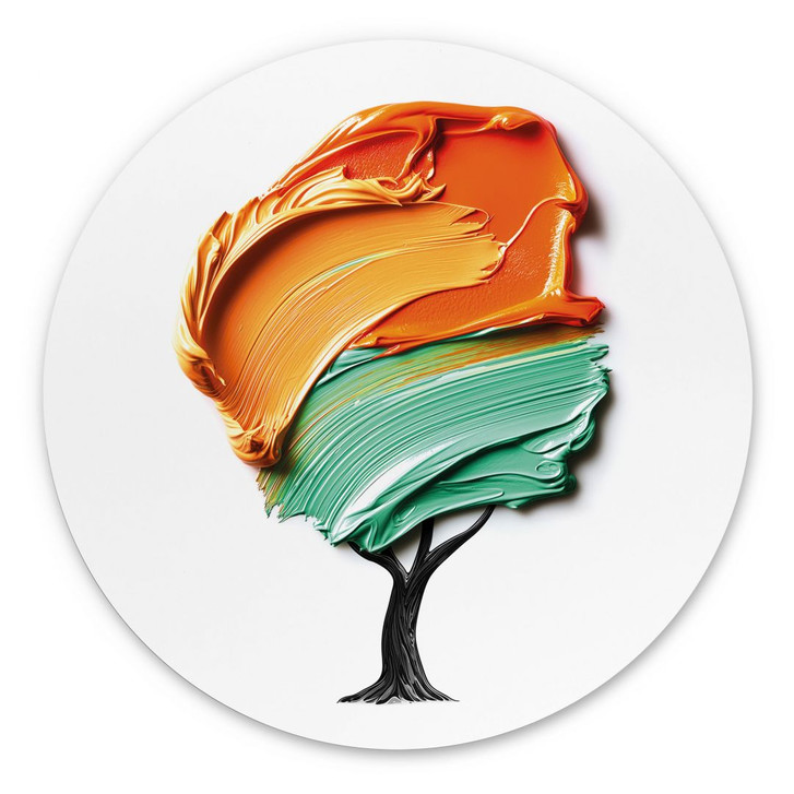 Wandbild Baum mit oranger und grüner 3D-Krone - Mielu - Alu-Dibond Rund - WA458559