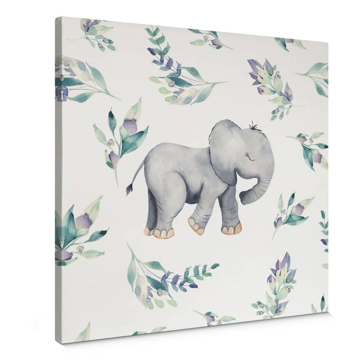 Leinwandbild Niedlicher Babyelefant zwischen Boho-Zweigen - UN Designs - Quadratisch - WA404936
