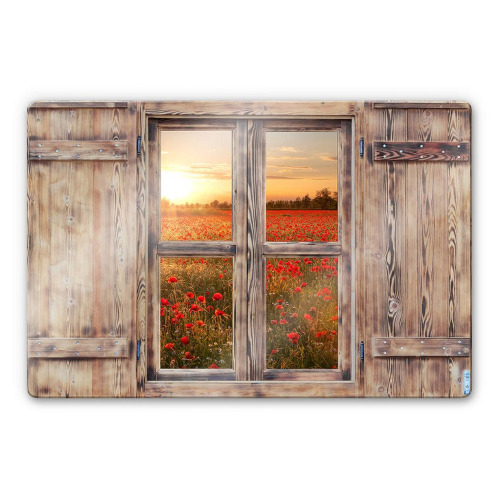 Glasbild 3D Holzfenster - Mohnblumen im Sonnenuntergang - WA262240