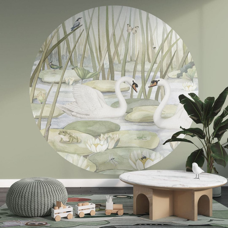 Kinderzimmer Fototapete - Zwei Schwäne im Teich - Kikki Belle - Rund - Selbstklebend/Vlies - WA470281