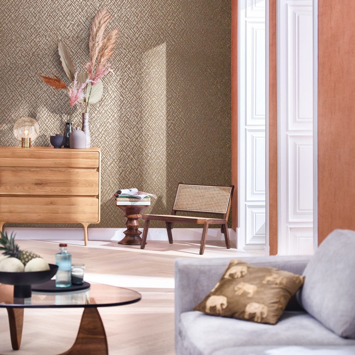 Vliestapete mit glänzendem Gitter Motiv beige, rot Struktur - WA451523