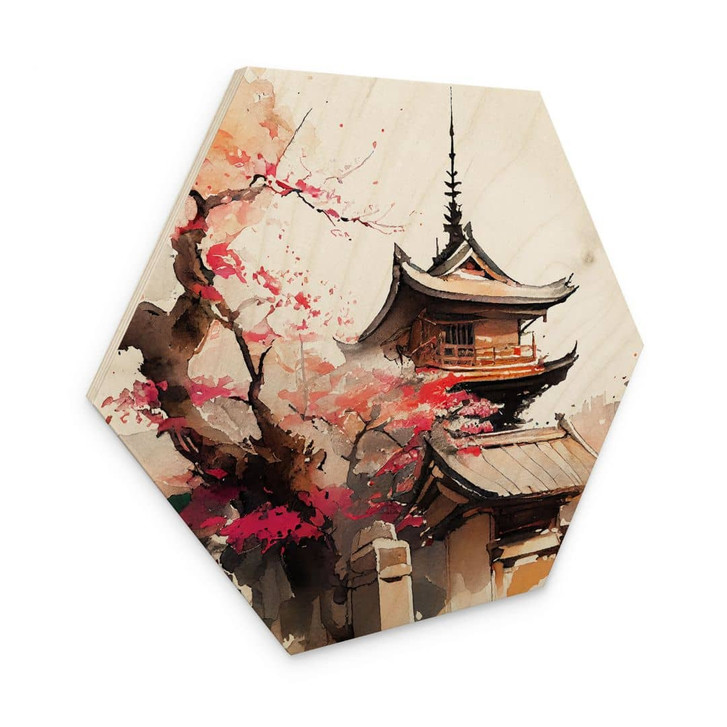 Hexagon Holzbild Japanische Pagode mit Kirschblüten - Jaszke - WA416983