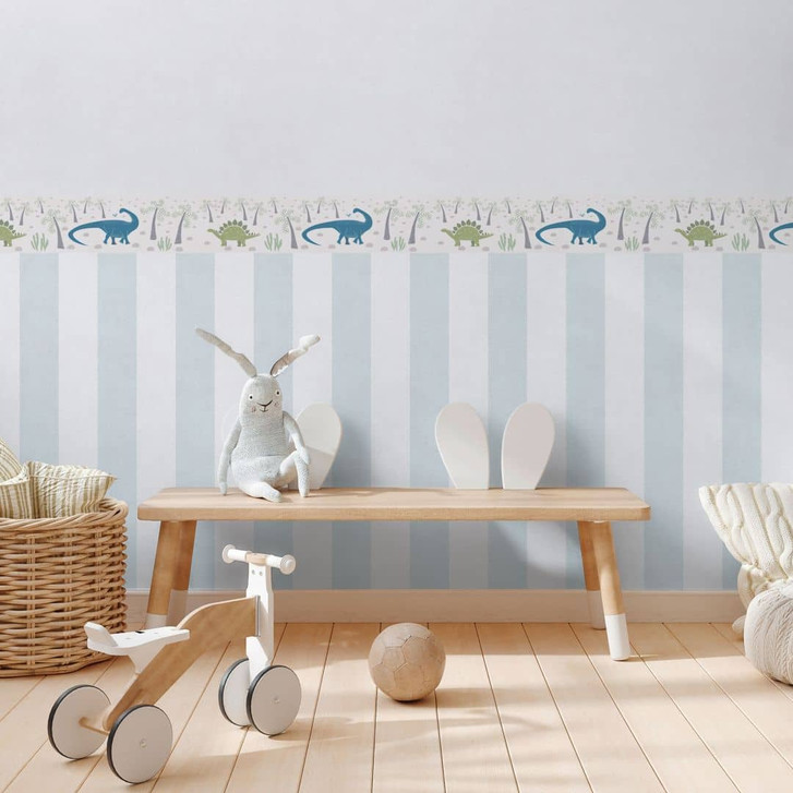 Dinosaurier-Borte Kinderzimmer Beige Grün Blau - Deko mit Urzeit-Motiv - WA465370