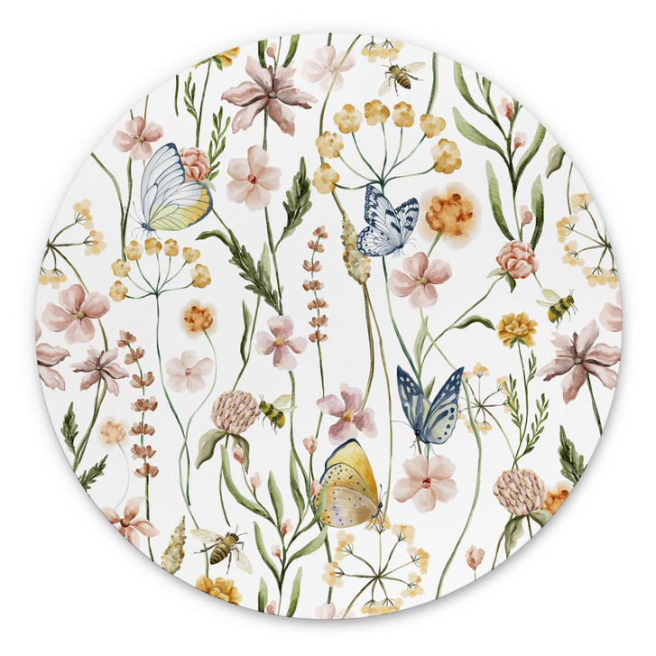Wandbild Frühlingswiese mit Schmetterlingen - UN Designs - Alu-Dibond - Rund - WA395031