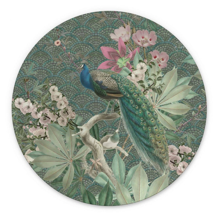 Wandbild Pfau im Tropengarten auf Mosaik - Bloomery Decor - Alu-Dibond Rund - WA480017