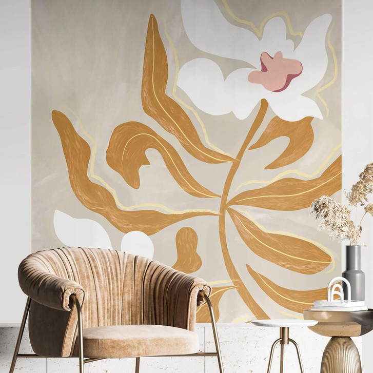 Fototapete Blumenmalerei Weisse Blüte und goldene Blätter - Arty Guava - WA398419