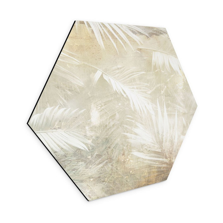 Hexagon Wandbild Abstrakte weisse Palmenblätter - Kulik - Alu-Dibond - WA422171
