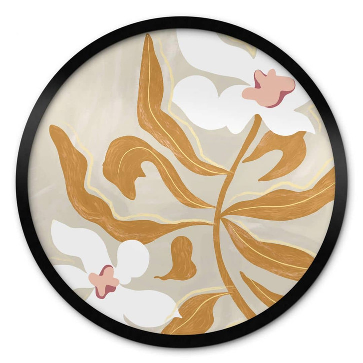 Blumen Poster Weisse Blüte und goldene Blätter Rund - Arty Guava - WA406753