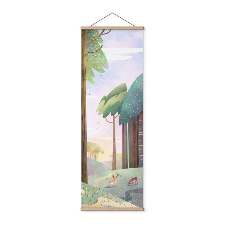 Stoffbild Sonniger Wald mit Hirsch - DigitalArtsi - Panorama - WA487749