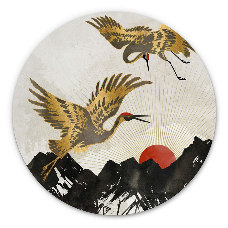Alu-Dibond SpaceFrog Designs - Goldene Kraniche - Rund - WA344905