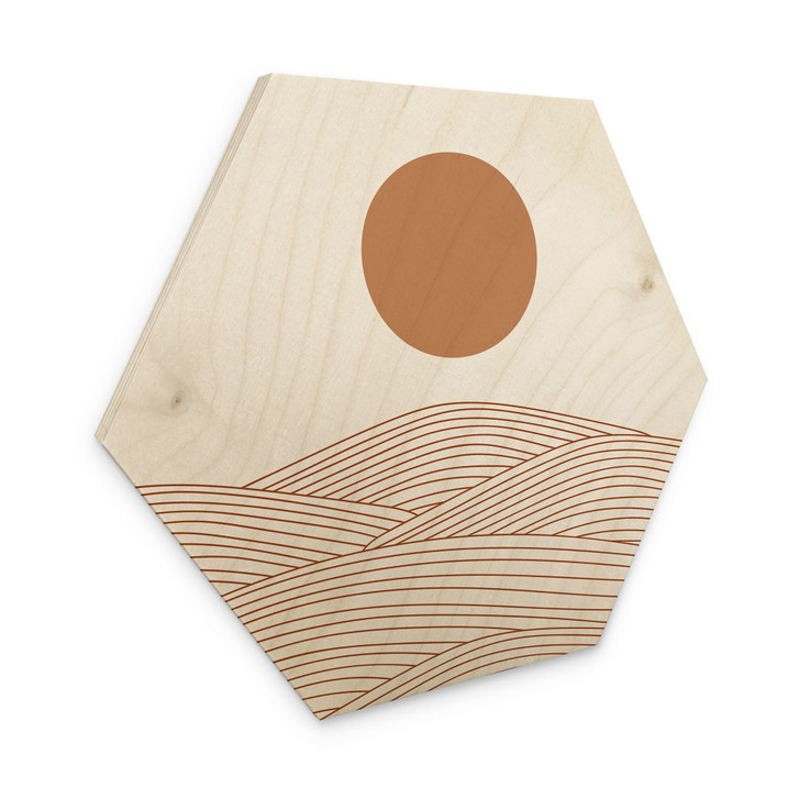Hexagon Holzbild Sonnenaufgang über der abstrakten Wüste - Playell - WA432386