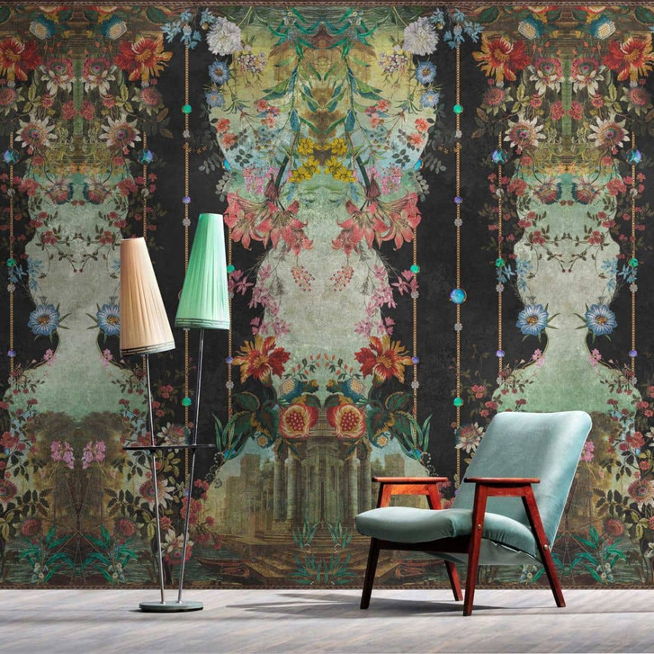 Fototapete Historischer Garten - Florales Muster auf Nachtblau - Vliestapete - WA386162