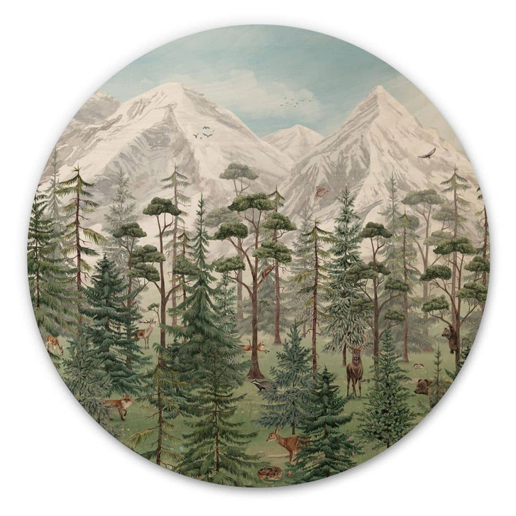 Holzbild Waldtiere im grünen Alpenwald - Kikki Belle - Rund - WA495458