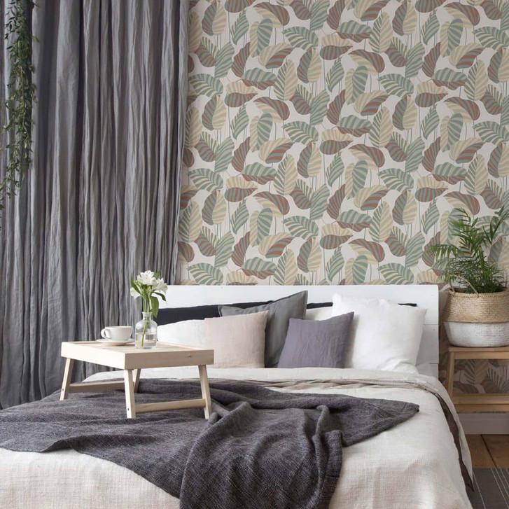 Tapete Pflanzen Blätter Weiss Grün Orangerot - Moderne Vliestapete - WA396402