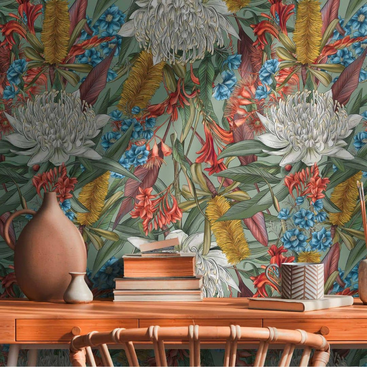 Vliestapete mit Dschungel-Muster Grün - Tapete mit grossen Blüten bunt - WA396771